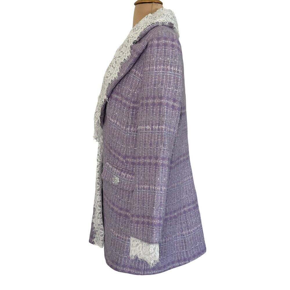 MARIE ELIE Lavender Tweed Wool Lace Trim Designer Blazer Metallic Jacket Sz L - Picture 10 of 12